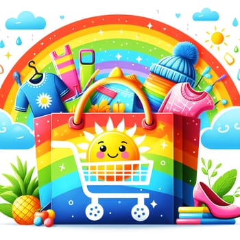 Color Shopping Theme Logo. High quality photo. A shopping bag with a smiley face. Behind is a rainbow and a lot of purchases with credit cards