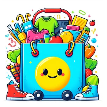 Color Shopping Theme Logo. High quality photo. A shopping bag with a smiley face. Behind is a rainbow and a lot of purchases with credit cards