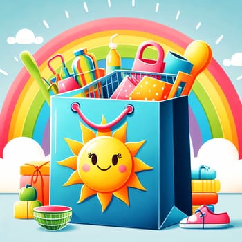 Color Shopping Theme Logo. High quality photo. A shopping bag with a smiley face. Behind is a rainbow and a lot of purchases with credit cards