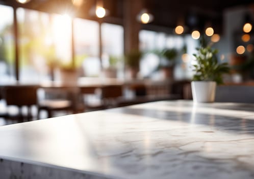 White marble stone table top and blurred bokeh cafe and coffee shop interior background. Wooden rectangular table on blurry background of restaurant interior