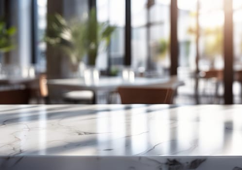White marble stone table top and blurred bokeh cafe and coffee shop interior background. Wooden rectangular table on blurry background of restaurant interior
