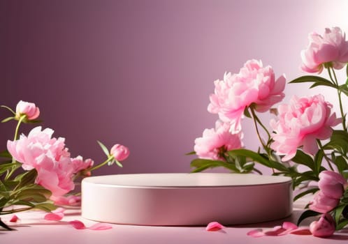 Low Empty Podium with background pink buds peonies flowers. Podium mockup for product 3d. spring table beauty stand display nature. Podium adorned with pink flowers. Display with flowers for cosmetic