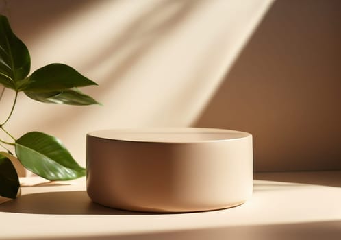Blank beige brown circle counter podium in beautiful sunlight with shadows, Leaf shadow beige wall luxury organic cosmetic, skincare, beauty. Showcase stage display. Pedestal for product presentation