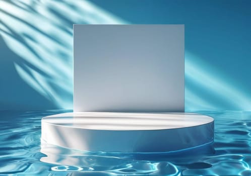 White round podium floating in pool blue water surface with shadows. White pedestal podium on pool background, products display mockup. Showcase stage display. Pedestal for product presentation