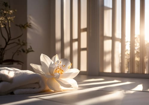 Beautiful aesthetic spa room with candle. Spacious room with large windows in private house. SPA, resort and relax concept