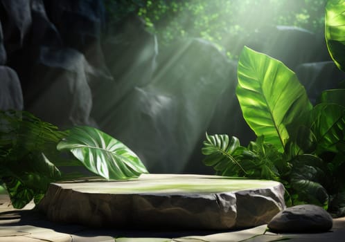 Low Empty Stone podium scene summer green forest background. Product stage presentation, green pedestal plant rock leaf. Stone podium mockup, green tropical leaves. Natural concrete podium, tropical