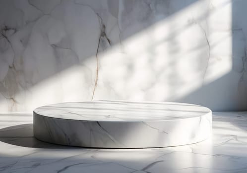 White round stone table top and background of white marble stone wall. White marble podium with shadows. White pedestal podium, products display mockup. Showcase stage display. Pedestal for product presentation