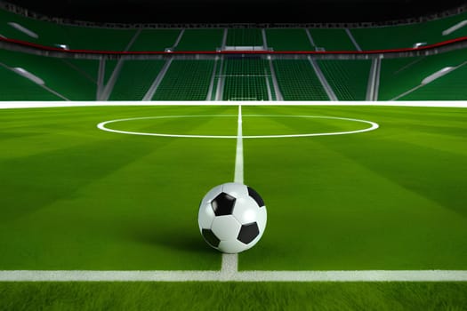an empty football field with a single soccer ball placed at the center.