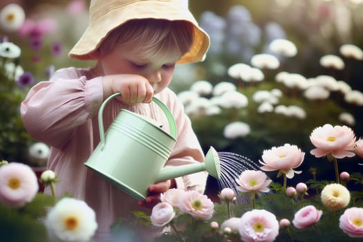 a small boy watering flowers with a watering canin the garden, soft pastel tones.