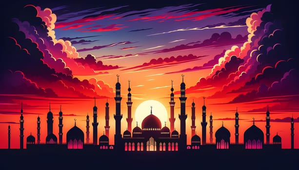 beautiful silhouettes of mosques against the backdrop of a beautiful sunset sky.