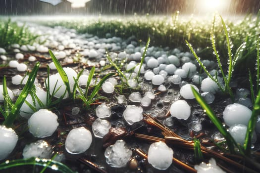 large hailstones on the ground and grass, close-up.