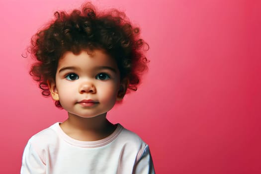 thoughtful curly little boy on pink background, copy space.