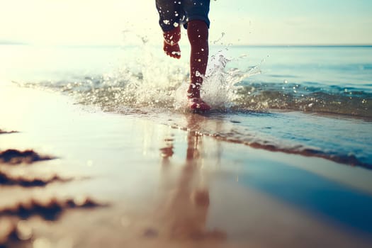 child running through shallow sea water on the beach on a sunny day, close-up of legs