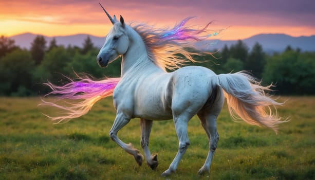 A white unicorn with a long, flowing mane and tail runs through a grassy field. The unicorns mane and tail are glowing with iridescent colors, and the setting sun casts a warm glow on the scene.