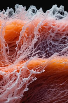 This close-up image captures a vibrant and intricate tapestry of thread, seemingly woven together in a mesmerizing, chaotic pattern. The threads are dyed in shades of pink, blue, yellow, and orange, creating a captivating rainbow effect. The image is a study in texture, with the soft, fluffy threads creating a sense of depth and dimension.