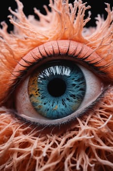 A close-up photograph of a single blue eye, with a vibrant coral-colored patch of what appears to be spiny growth covering the surrounding skin. The focus is on the eye, emphasizing its intricate detail and the contrast with the rough texture of the growth.