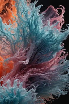 This close-up image captures a vibrant and intricate tapestry of thread, seemingly woven together in a mesmerizing, chaotic pattern. The threads are dyed in shades of pink, blue, yellow, and orange, creating a captivating rainbow effect. The image is a study in texture, with the soft, fluffy threads creating a sense of depth and dimension.