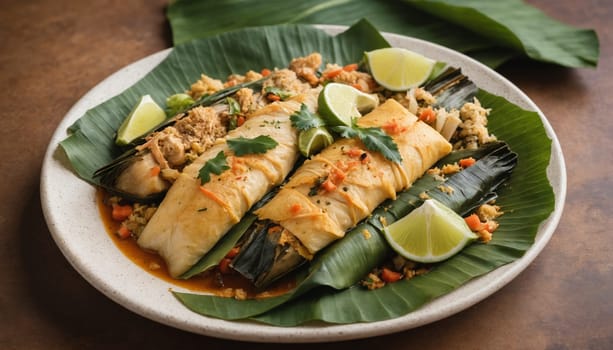 A close-up shot of a dish of fish wrapped in banana leaves, garnished with lime wedges and cilantro. The dish is served on a white plate and set against a brown wooden background.