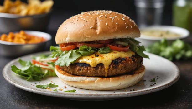 A close-up photo of a cheeseburger with melted cheese, lettuce, tomato, and a sesame seed bun on a white plate. The burger is on a dark wood table with a side of fries and a bowl of sauce in the background.