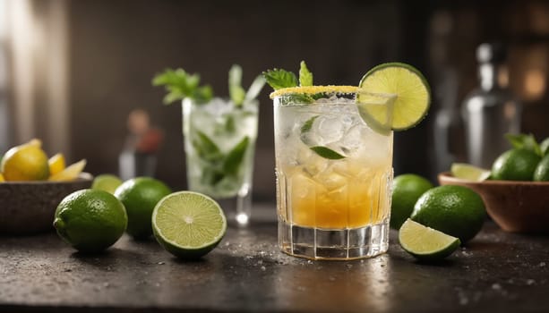 A close-up shot of a refreshing lime and mint cocktail, garnished with a lime wedge and a sprig of mint. The cocktail is served in a chilled glass with a sugar rim and sits on a rustic wooden bartop. Other limes, lemons, and a second cocktail are visible in the background.