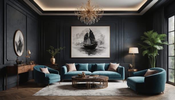 This image shows a modern living room with a nautical theme. The walls are painted a dark navy blue and the furniture is upholstered in a rich teal fabric. A large painting of a ship sailing on the open ocean hangs above the couch, adding a touch of elegance to the space. The room is illuminated by a chandelier and a floor lamp, creating a warm and inviting atmosphere. The overall feel of the room is sophisticated and luxurious.