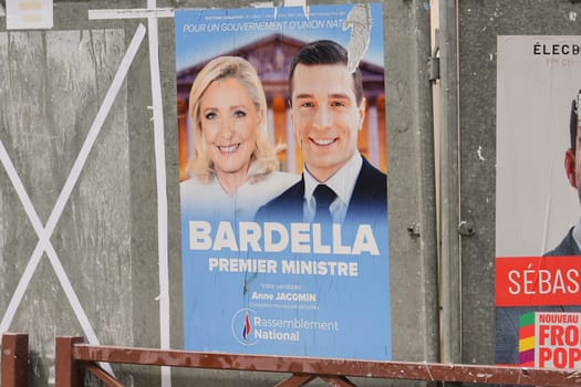 VERSAILLES, FRANCE - JUNE 26, 2024 : The banners with candidates for elections legislative