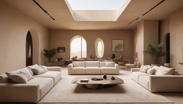 A modern living room with a large window offering stunning desert views. The room features a sleek sofa, a contemporary armchair, a stylish coffee table, and a modern fireplace with a built-in television above. The walls are a light beige, creating a calm and serene atmosphere.