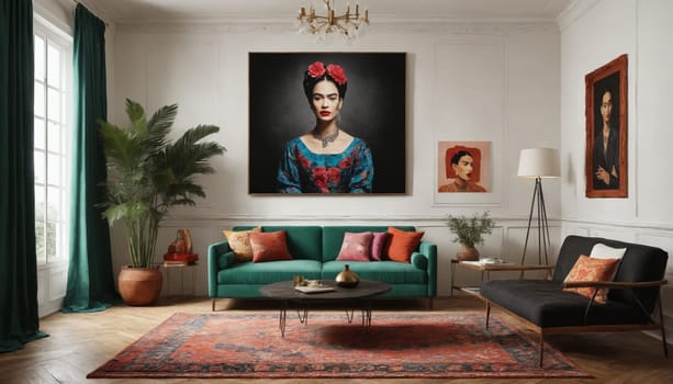 A modern living room features a large, framed portrait of Frida Kahlo hanging on the wall. The portrait is a close-up of Fridas face, and it features her signature flower crown and bold, red lips. The living room is decorated with a warm color scheme, and it features a large, orange sofa with matching armchairs. A wooden coffee table sits in the center of the room, and a tall floor lamp casts a warm light over the space.