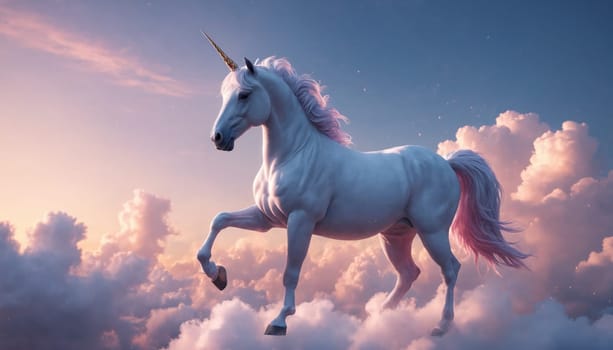 A majestic white unicorn with a long, flowing mane and tail stands on a cloud, its horn gleaming in the golden light of the setting sun. It looks like it is about to leap into the sky, perhaps toward a magical destination.