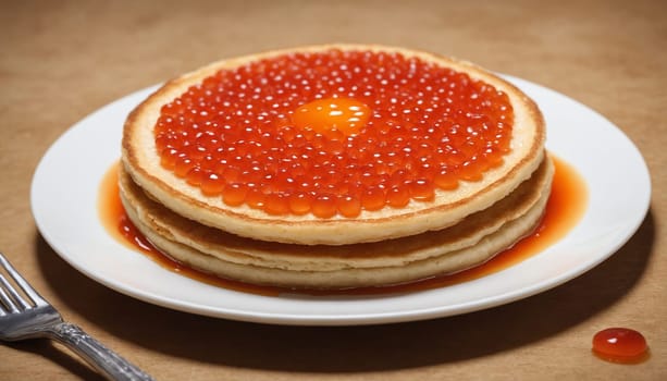 A close-up image of a stack of golden pancakes topped with red caviar and drizzled with syrup. The pancakes are arranged on a white plate and sit on a pink surface.