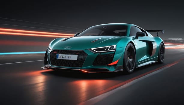 A teal-colored supercar with sleek lines and a wide stance speeds through a race track under the night sky. The cars headlights illuminate the asphalt as it rounds a corner, leaving behind streaks of red and blue light.