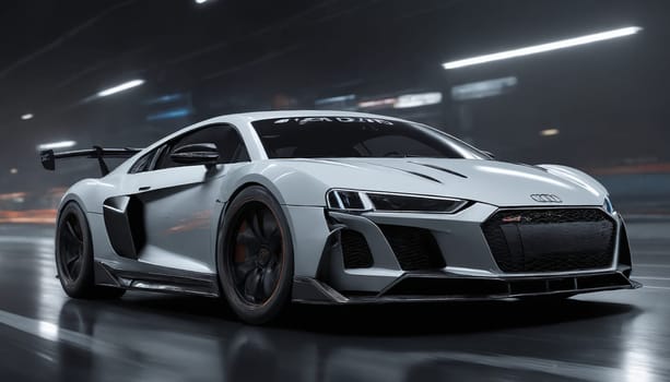 A sleek, orange sports car with black accents navigates a winding asphalt road, bathed in the soft glow of a twilight sunset. The cars headlights illuminate the road ahead, while the mountains in the distance provide a dramatic backdrop.