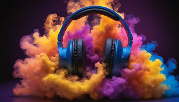 A pair of blue headphones sits in a cloud of vibrant orange and purple smoke, suggesting a world of sound and imagination. The headphones are the centerpiece of the image, their sleek design contrasting with the swirling, dynamic colors. The smoke creates a sense of movement and energy, as if the headphones are being swept away by a tide of sound.