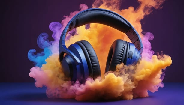 A pair of blue headphones sits in a cloud of vibrant orange and purple smoke, suggesting a world of sound and imagination. The headphones are the centerpiece of the image, their sleek design contrasting with the swirling, dynamic colors. The smoke creates a sense of movement and energy, as if the headphones are being swept away by a tide of sound.