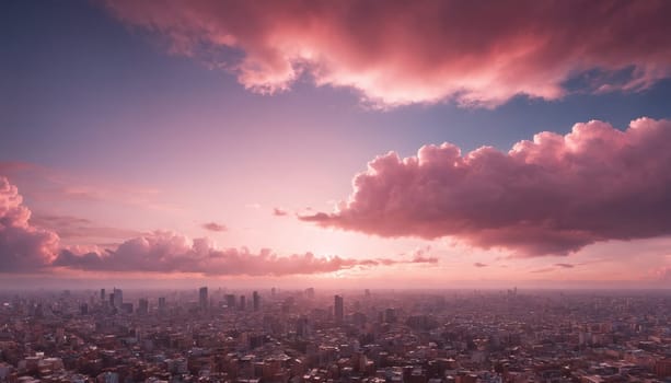 An aerial view of a city skyline bathed in the warm glow of a setting sun, with a large, cotton-candy pink cloud dominating the sky. The city buildings are dwarfed by the vastness of the sky and the beauty of the natural light.