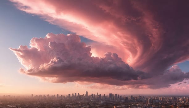 A panoramic view of a city skyline at sunrise, with a large expanse of pink fluffy clouds dominating the sky. The sun is rising behind the clouds, casting a warm glow over the cityscape. The cityscape appears hazy and distant, creating a sense of mystery and intrigue.