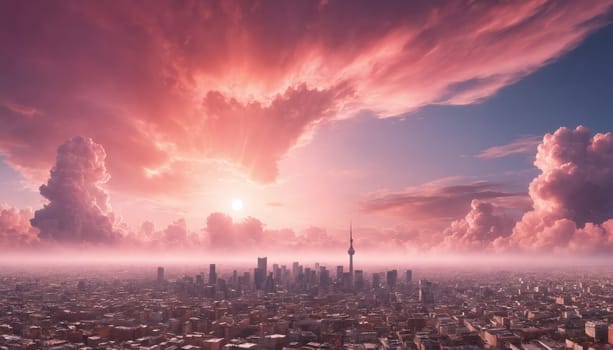 A breathtaking aerial view of a cityscape bathed in the warm glow of a setting sun. The sky is a vibrant canvas of pink and orange, with fluffy clouds that appear to be floating over the buildings. The citys skyline stretches out below, with skyscrapers and homes nestled together amidst a sea of trees and greenery.