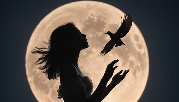 A silhouette of a woman with her arms outstretched reaches towards a bird flying in front of a full moon. The image is captured against a dark night sky. The subject is lit from behind by the moon, creating a dramatic contrast between the light and dark.