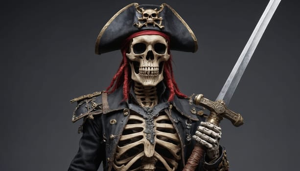A skeletal pirate captain, dressed in a black coat adorned with gold trim and a red bandana, stands with his bony hand gripping a sword. His skull face stares ahead with a determined expression, highlighting his menacing presence. The background is a dark, simple setting, allowing the skeletal figure to stand out in stark contrast.