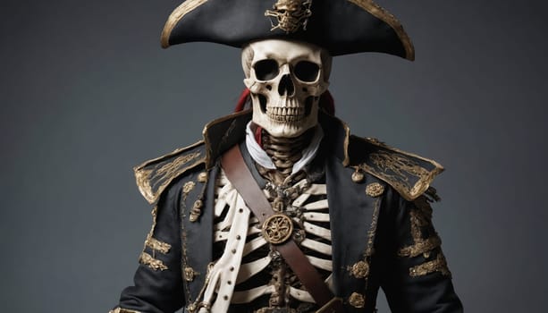 A close-up portrait of a skeletal pirate, adorned in a black coat with gold trim and a tricorn hat with skull and crossbones insignia. His hollow eyes seem to stare into the distance, conveying a sense of timeless vigilance and eerie majesty.