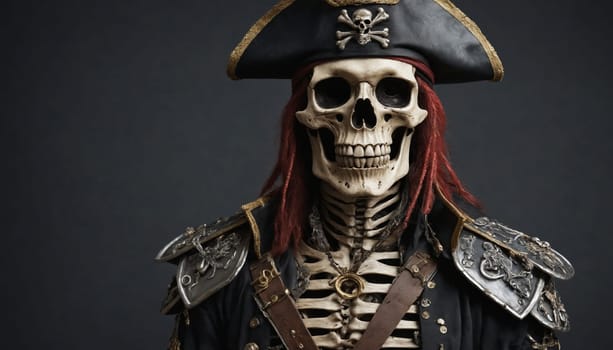 A skeletal pirate, clad in a black coat, holds a sword in a skeletal hand. He wears a tricorn hat, a red bandana, and has long, red dreadlocks. The image captures a sense of danger and determination, set against a dark and shadowy background.