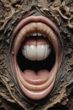 The image depicts a close-up of a mouth, seemingly carved from bark. The mouth is open, revealing white teeth and a dark void behind. The detailed carving of the bark texture adds to the eerie and mysterious nature of the artwork.