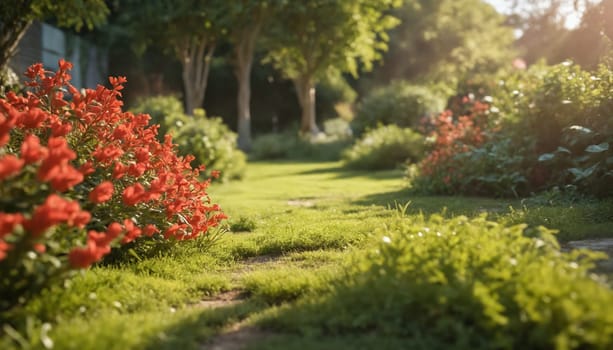 A close-up shot of vibrant red flowers in full bloom, showcasing the beauty of a summer garden. The flowers are clustered together, creating a visually striking display of color against the backdrop of lush green foliage. The soft focus of the background emphasizes the delicate beauty of the flowers in the foreground.
