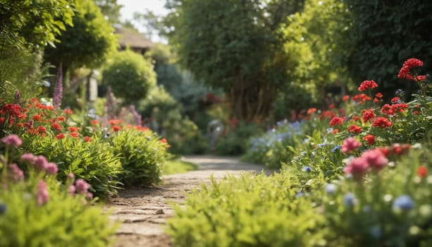 A stone path winds through a vibrant summer garden, bordered by lush greenery and vibrant yellow flowers. The sun filters through the canopy of trees, casting dappled light on the scene.