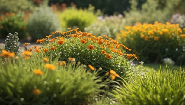 A vibrant patch of orange cosmos flowers in full bloom, nestled amidst lush green foliage. The soft, natural light creates a warm and inviting atmosphere, capturing the essence of a sunny summer day in a beautiful garden setting.