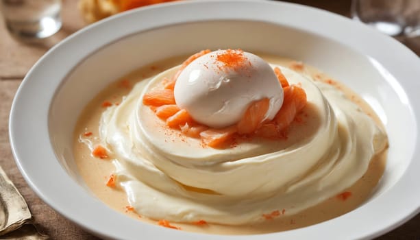 A white bowl filled with a delicate, cloud-like meringue dessert topped with smoked salmon and a sprinkle of orange zest. The creamy texture of the meringue is evident, as is the vibrant orange color of the salmon and zest. The dish sits on a rustic wooden table, creating a charming contrast between the simple ingredients and the elegant presentation.