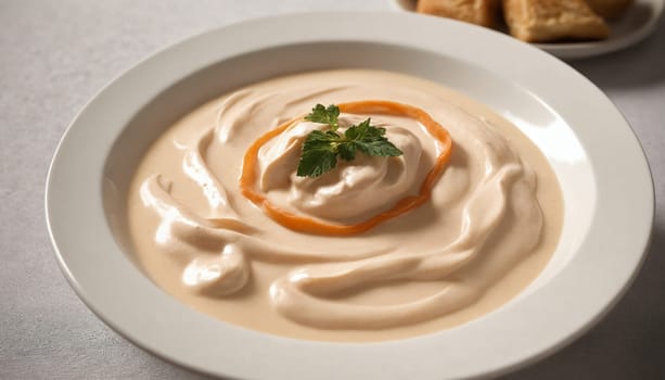 A close-up shot of a creamy orange swirl dessert with a delicate mint garnish, resting in a white bowl on a white surface. The desserts creamy texture is evident, with a delicate orange peel garnish adding a touch of color.