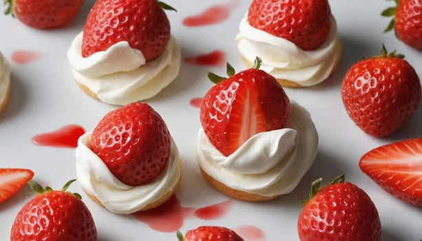 A close-up shot captures a white surface adorned with a delightful arrangement of strawberries, each meticulously topped with a dollop of fluffy whipped cream. The bright red strawberries contrast beautifully against the creamy white swirls, creating a visually appealing and tempting snack.