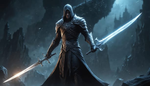 A warrior in dark armor stands guard in a snowy wasteland. He holds a large sword in his right hand and looks towards the viewer. The sky is dark and stormy, and the ground is covered in snow and ice. The warrior appears to be ready for battle.