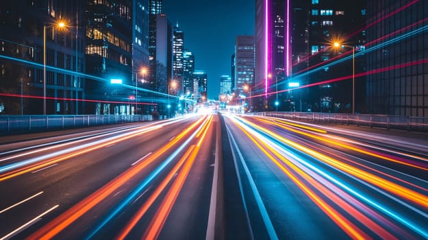 A bustling city street at night captured with a long exposure, creating colorful light trails from the motion of vehicles - Generative AI